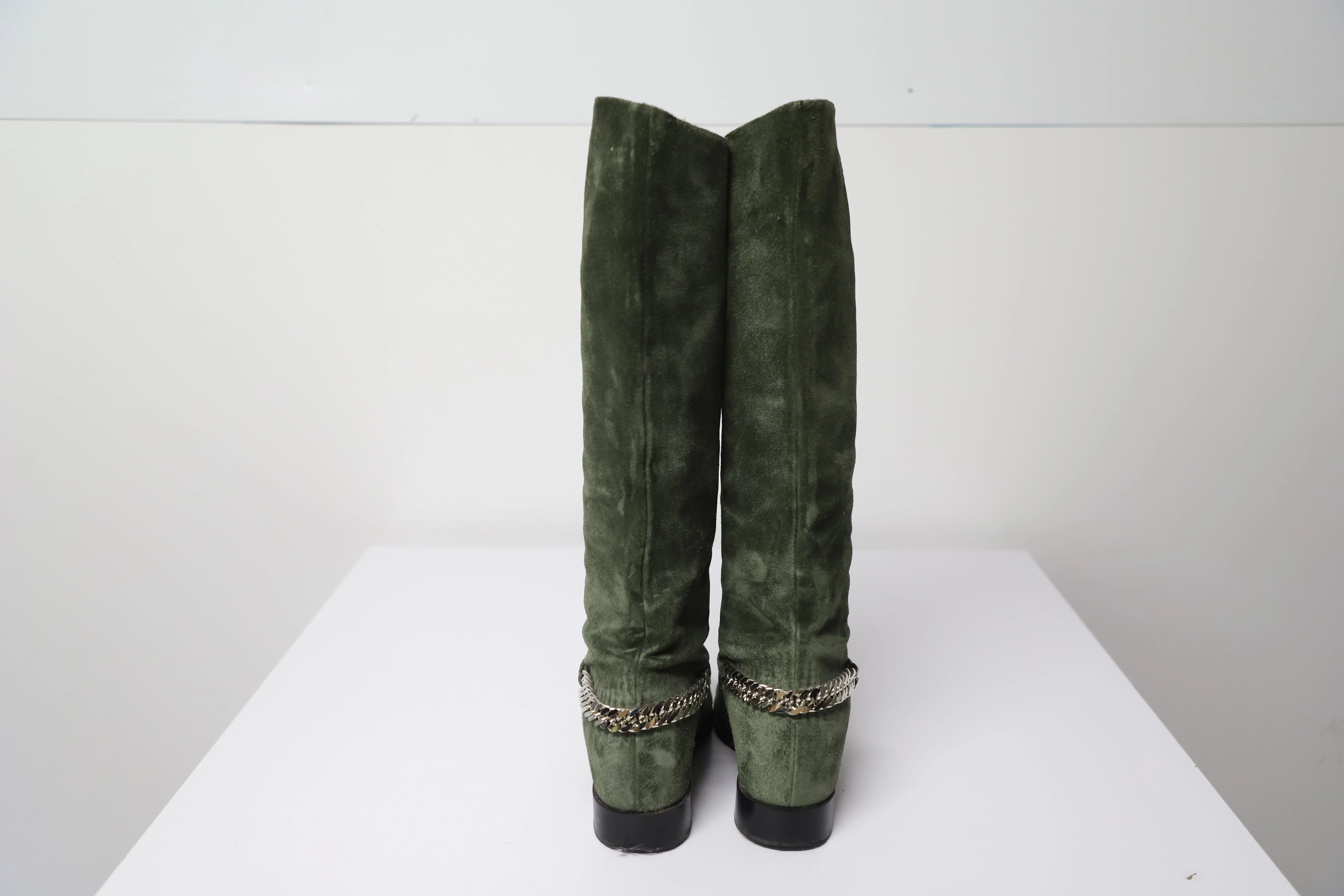 Women's Christian Louboutin Boots with Chain in Green Suede - Image 10