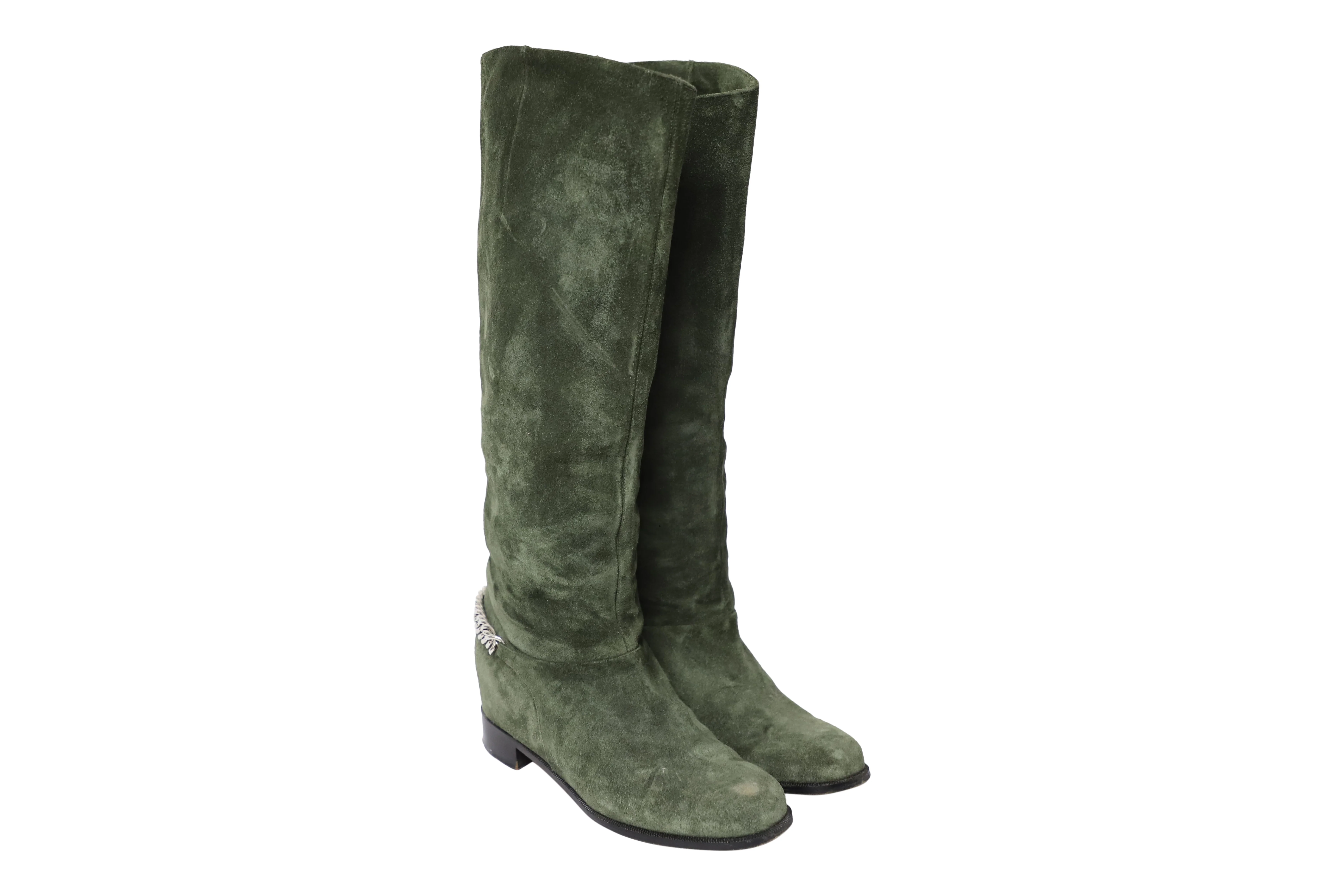 Women's Christian Louboutin Boots with Chain in Green Suede - Image 3