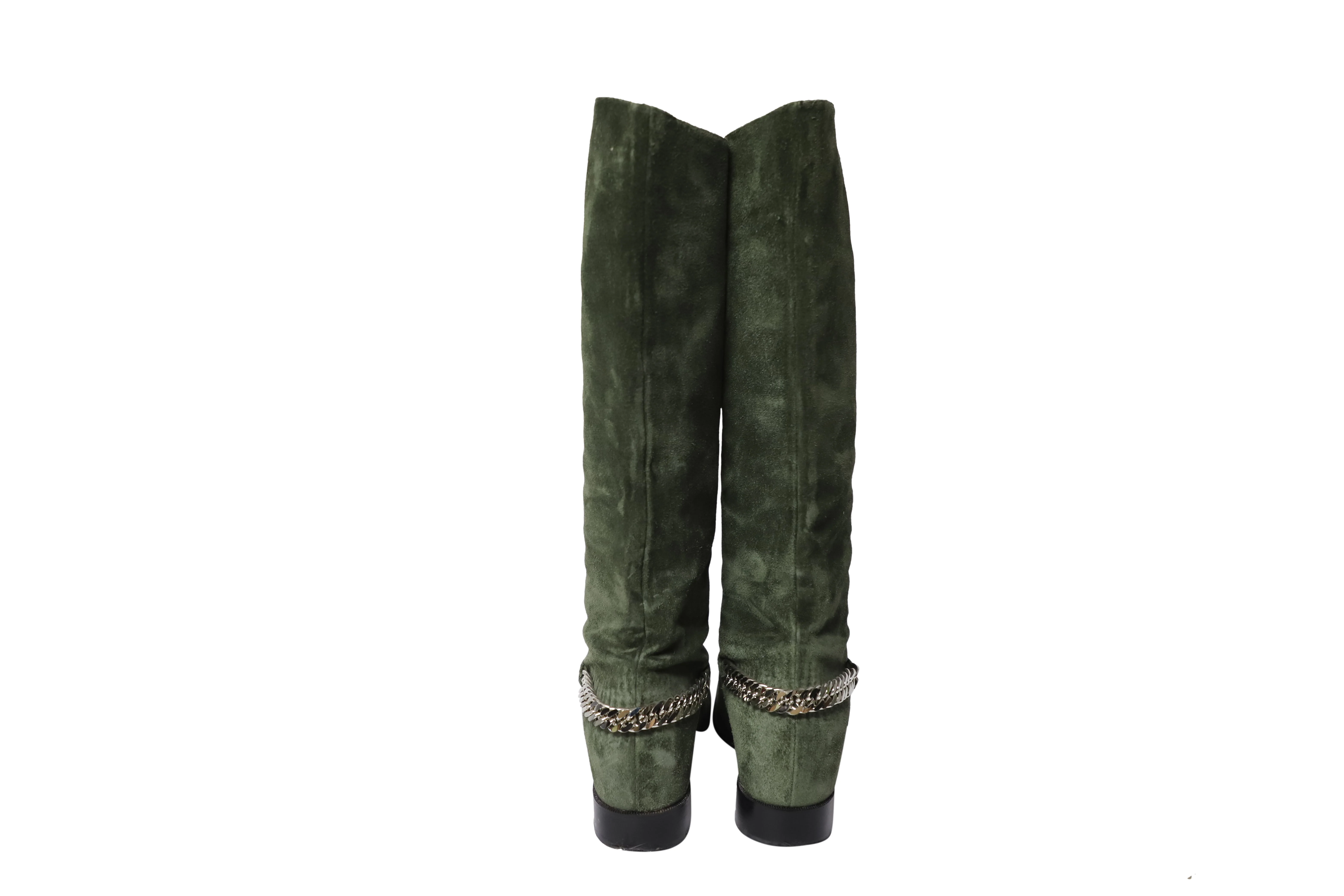 Women's Christian Louboutin Boots with Chain in Green Suede - Image 4