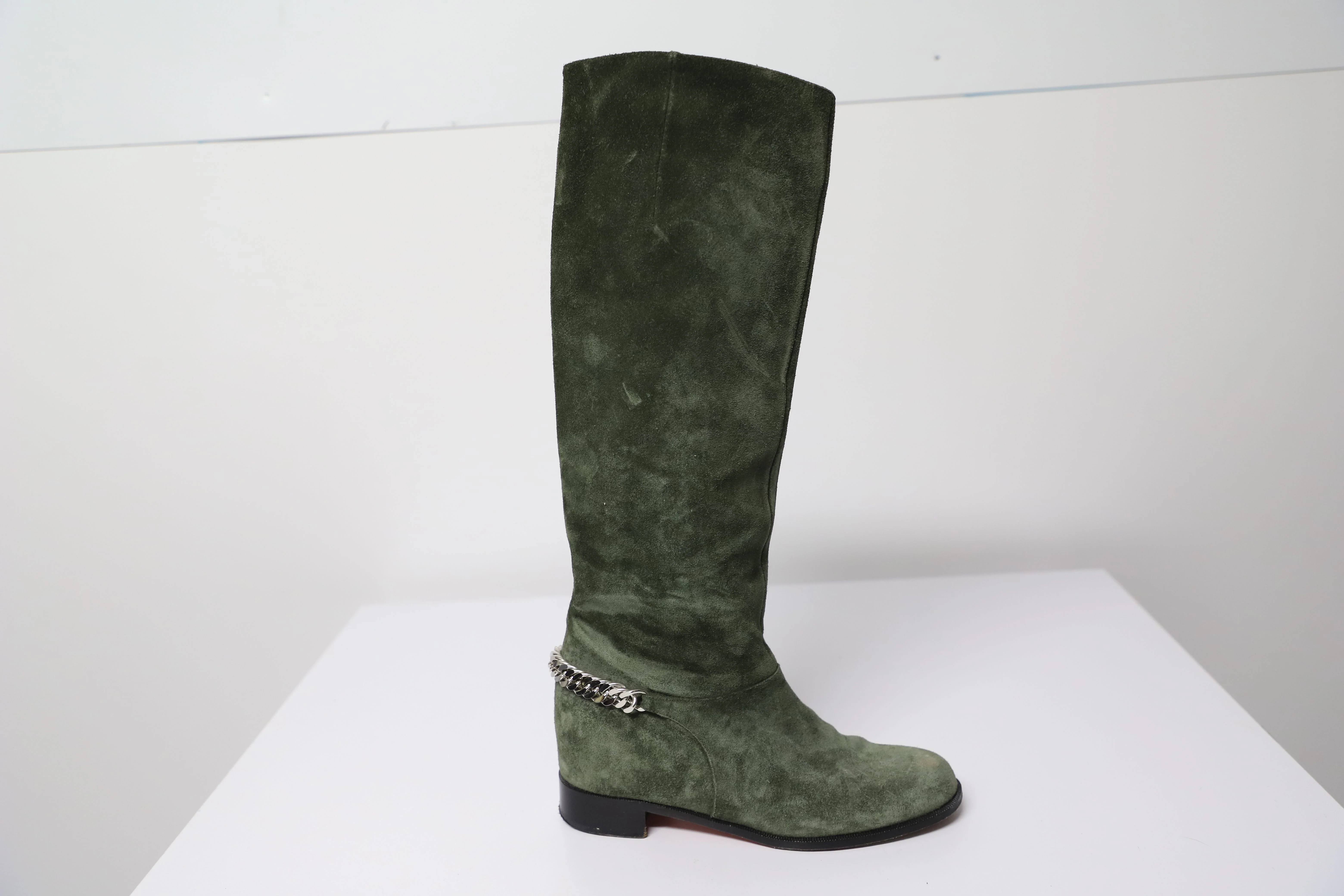 Women's Christian Louboutin Boots with Chain in Green Suede - Image 7