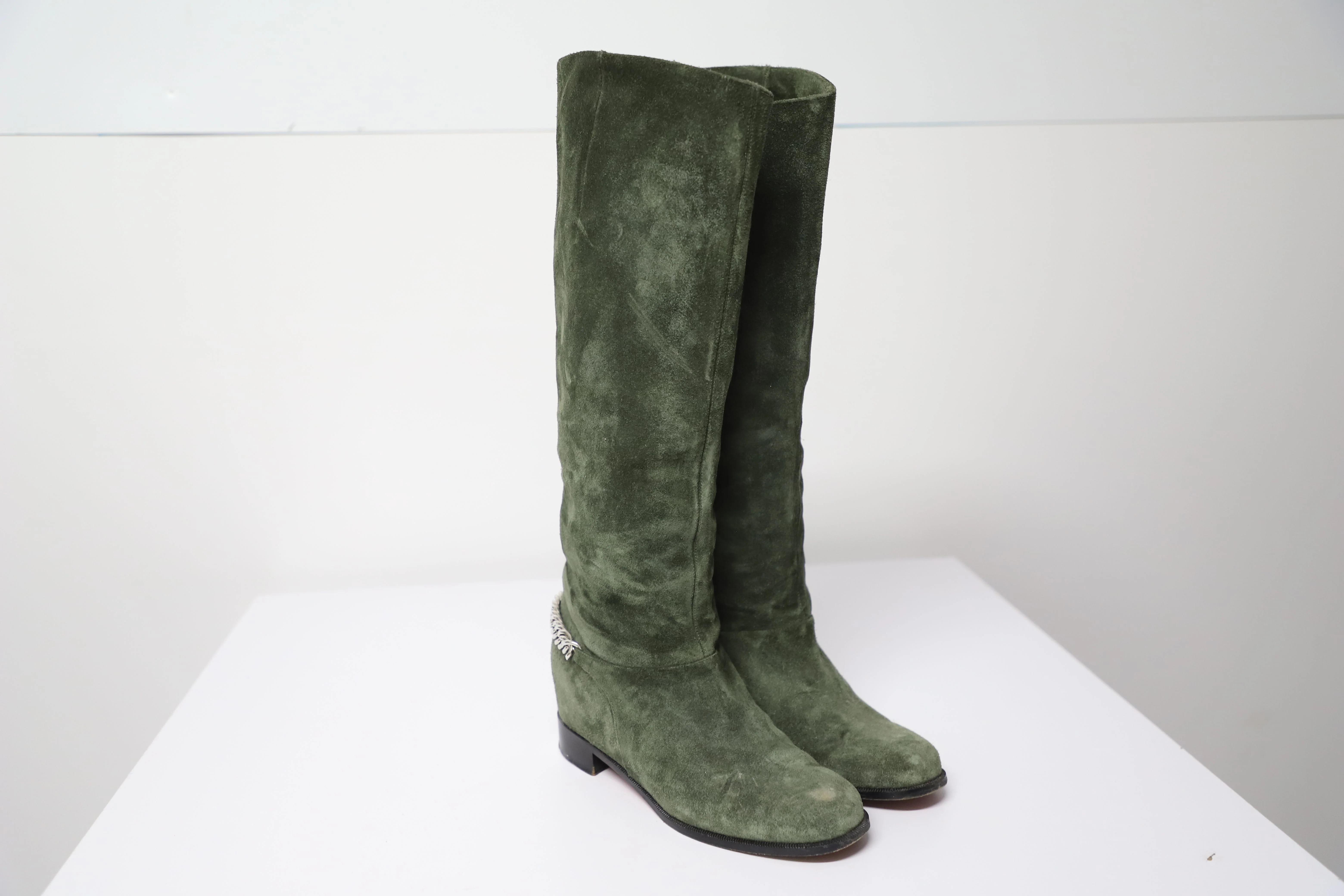 Women's Christian Louboutin Boots with Chain in Green Suede - Image 9