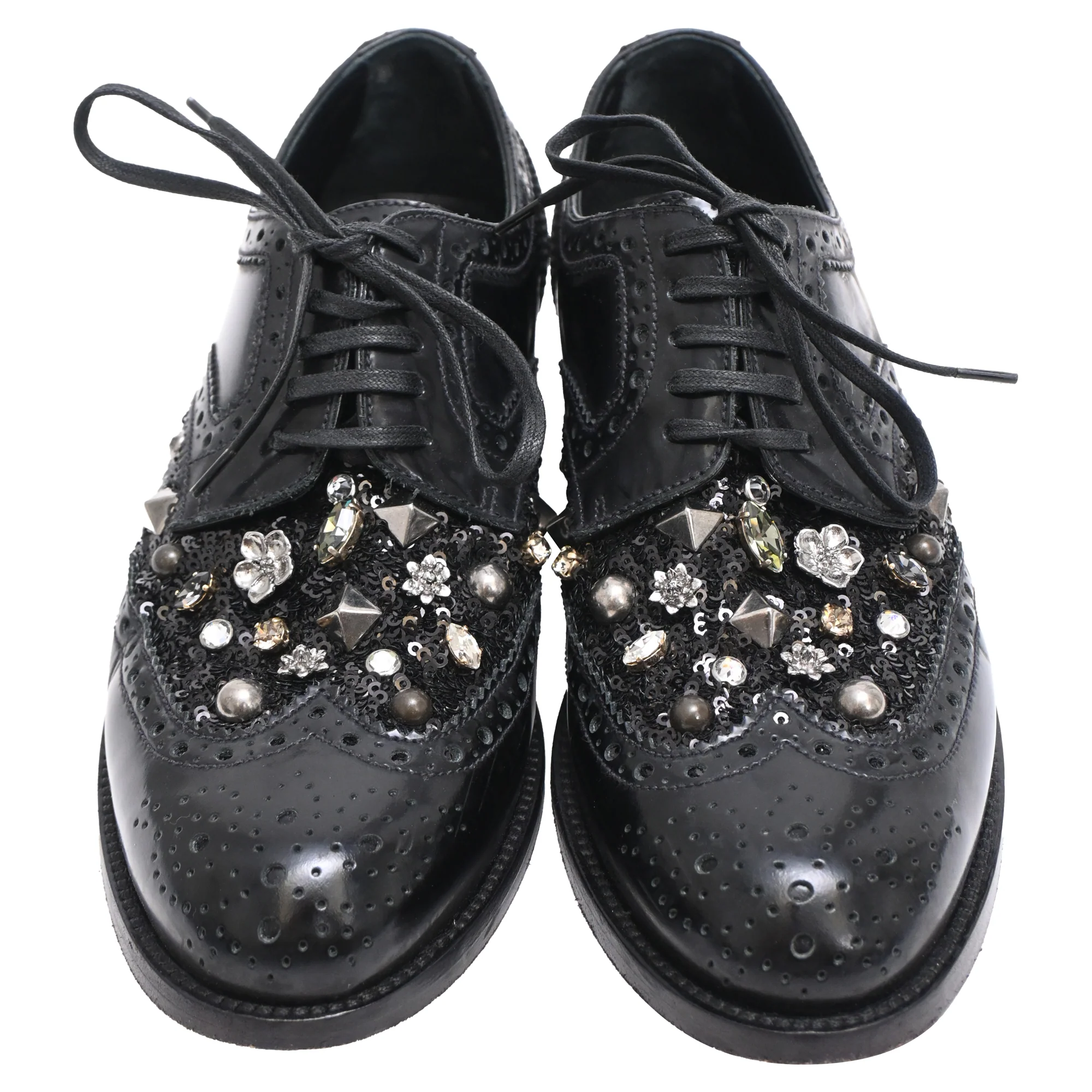 Women's Dolce & Gabbana Studded Brogue Lace Up Shoes in Black Leather - Image 3