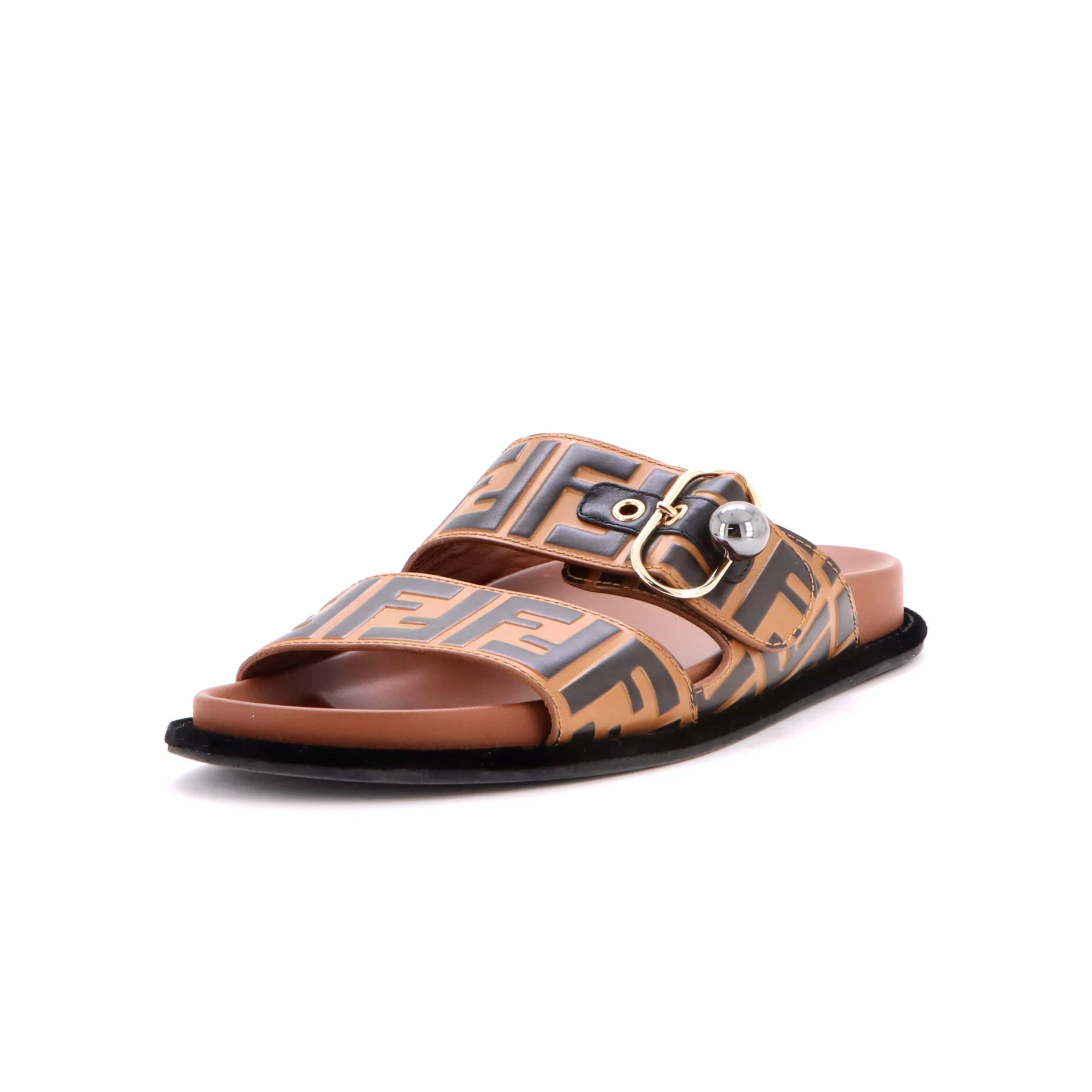 Women's Buckle Strap Slide Sandals Zucca Embossed Leather