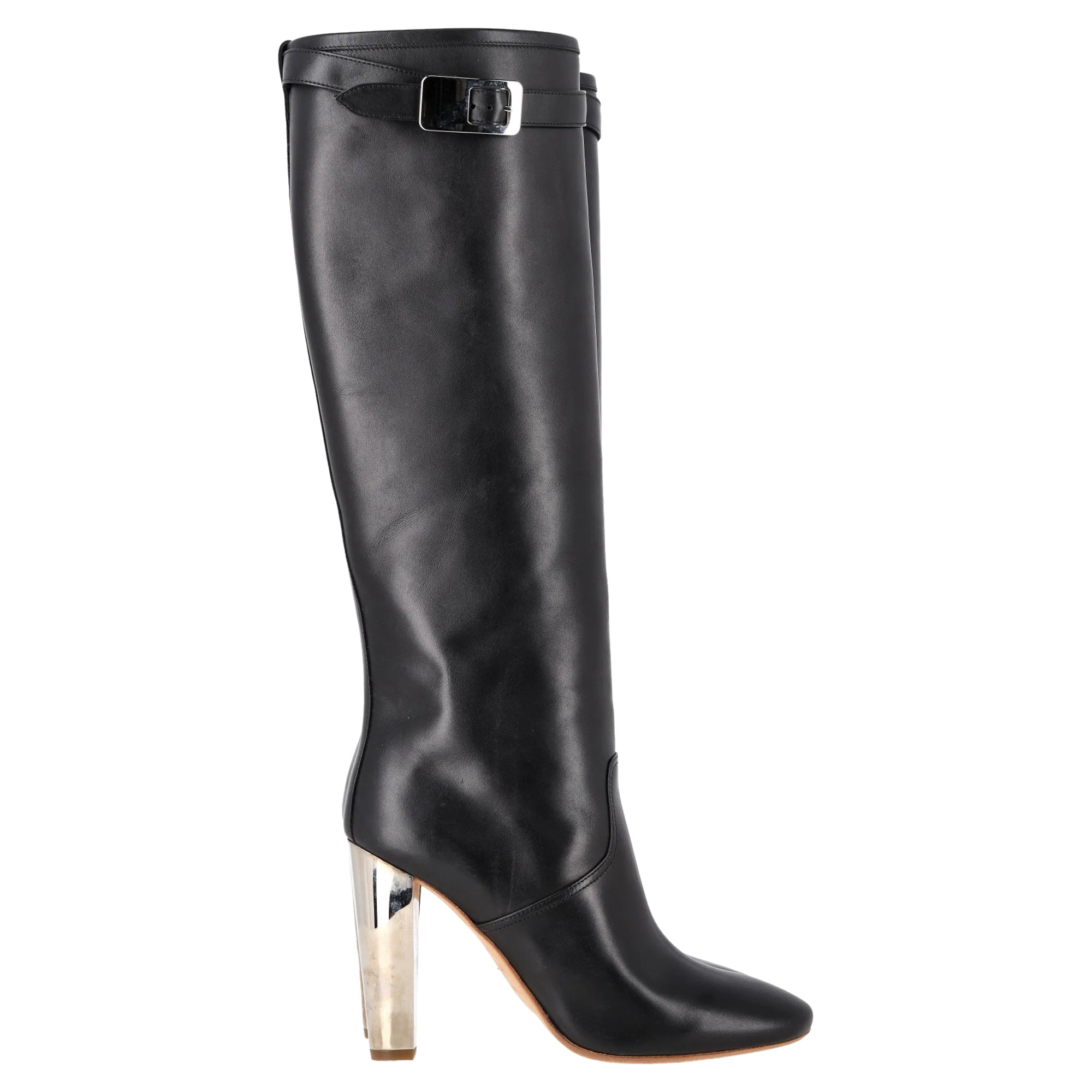 Women's Hermès Chrome Heel Knee Boots in Black Leather