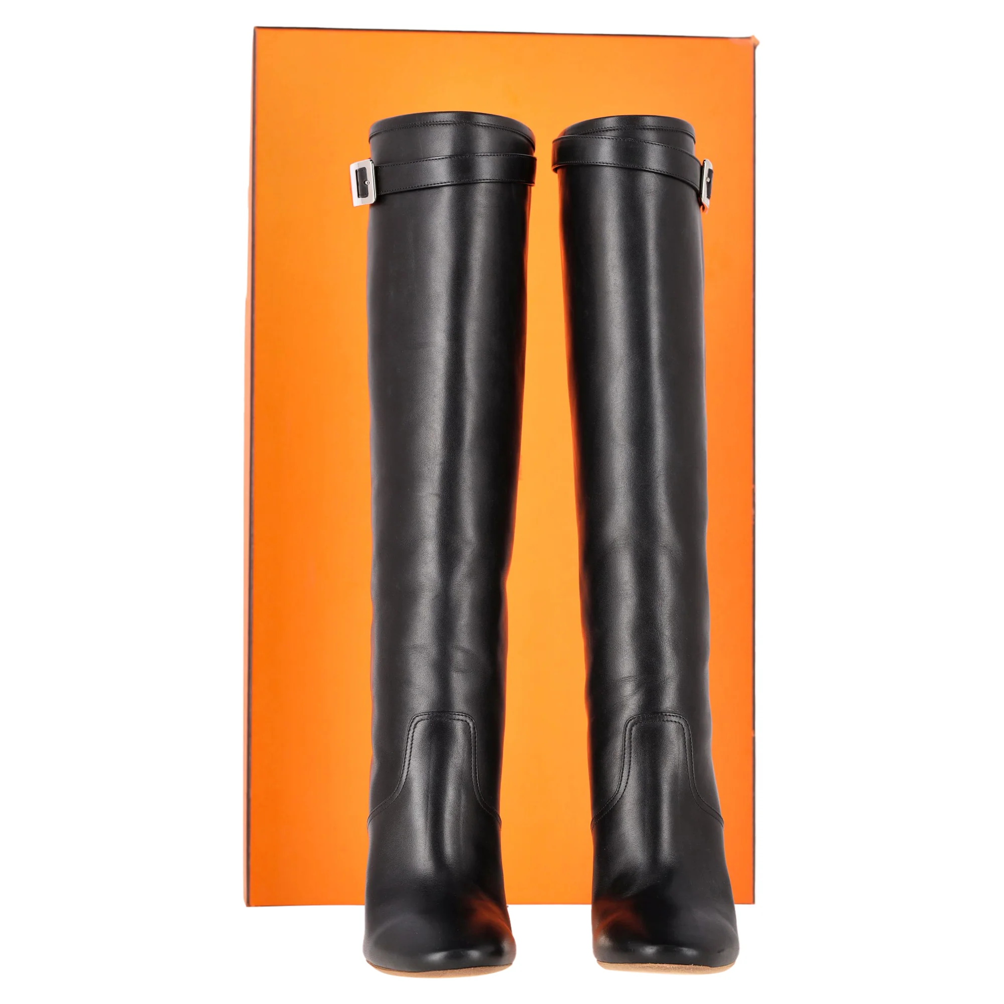 Women's Hermès Chrome Heel Knee Boots in Black Leather - Image 2