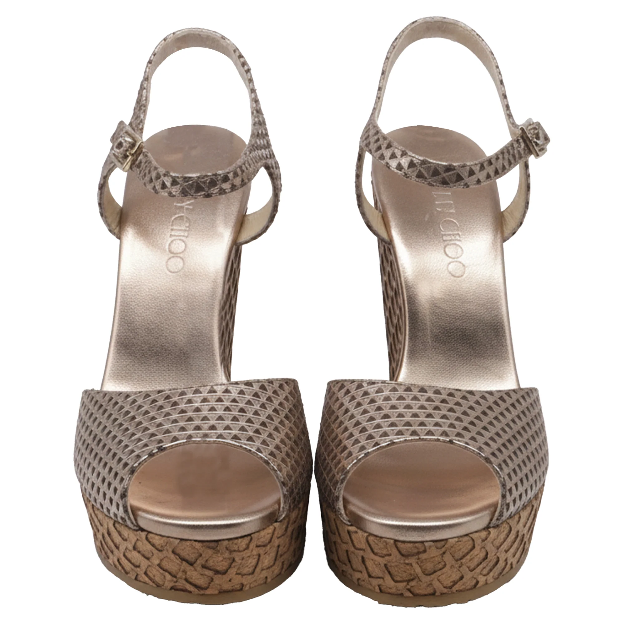 Women's Jimmy Choo Patterned Peep-Toe Wedge Sandals in Metallic Gold Leather - Image 2