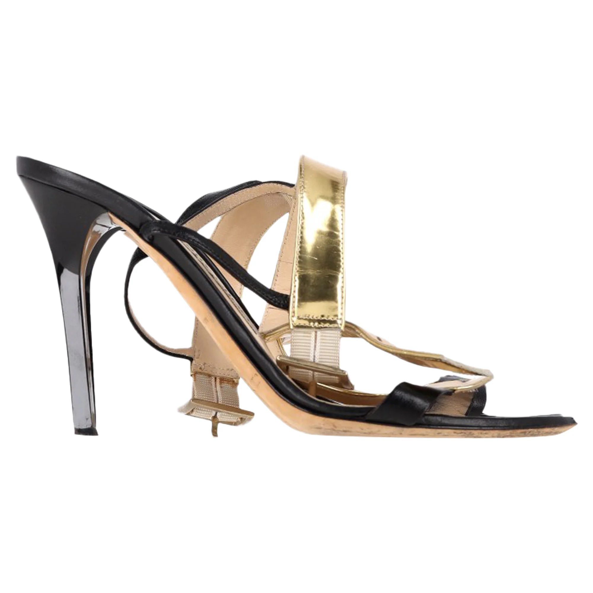 Women's Jimmy Choo T-Strap Heel Sandals in Black and Gold Leather