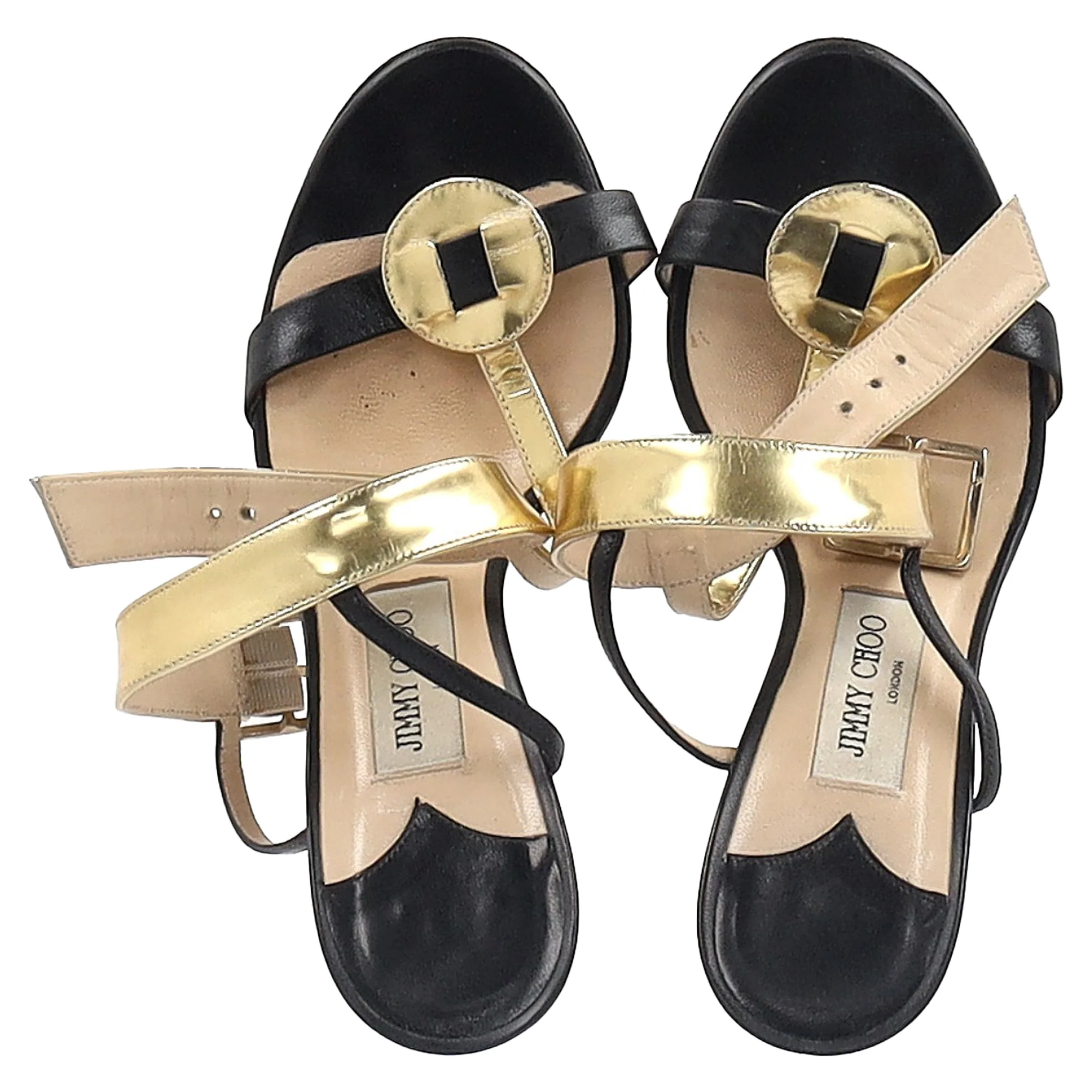Women's Jimmy Choo T-Strap Heel Sandals in Black and Gold Leather - Image 3