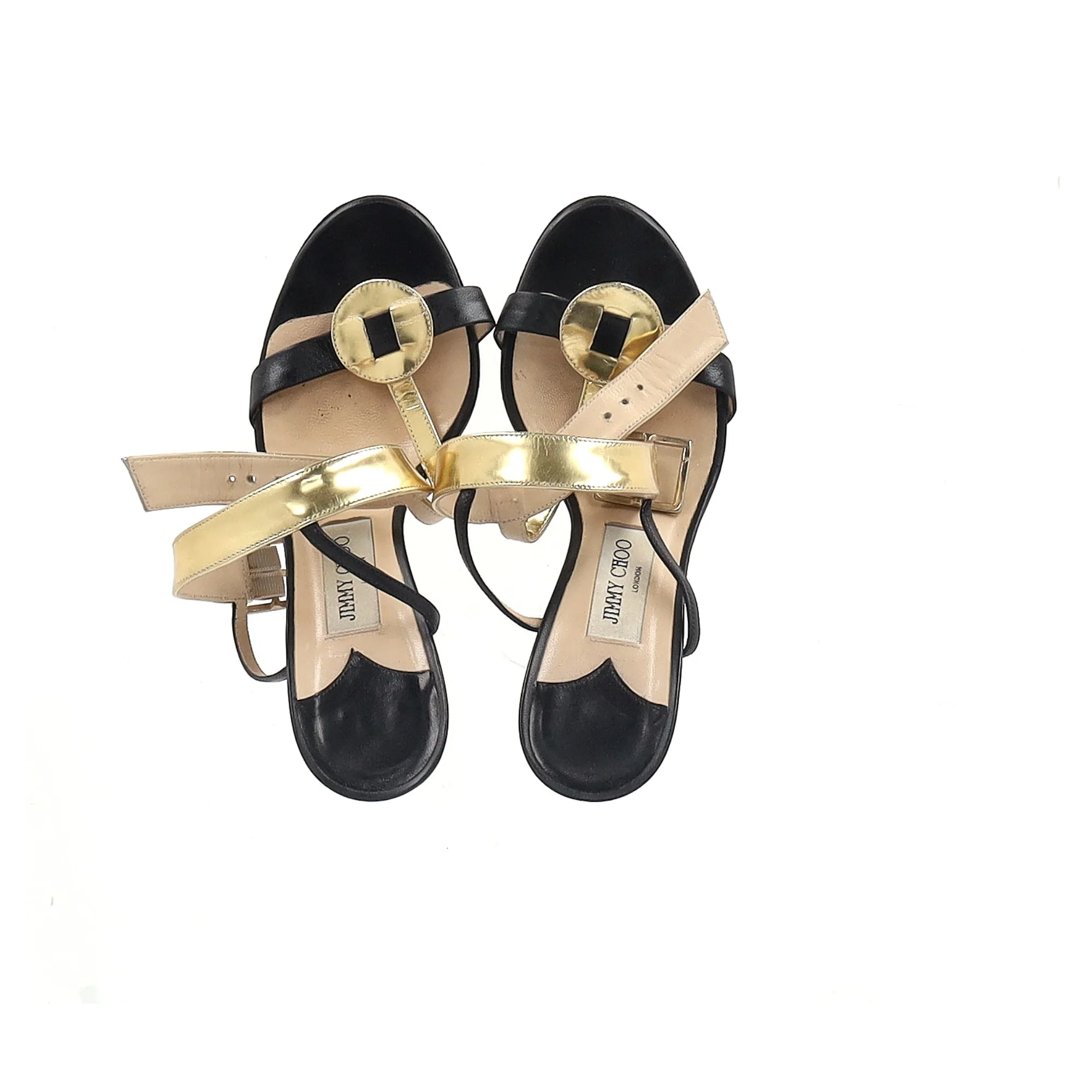 Women's Jimmy Choo T-Strap Heel Sandals in Black and Gold Leather - Image 9