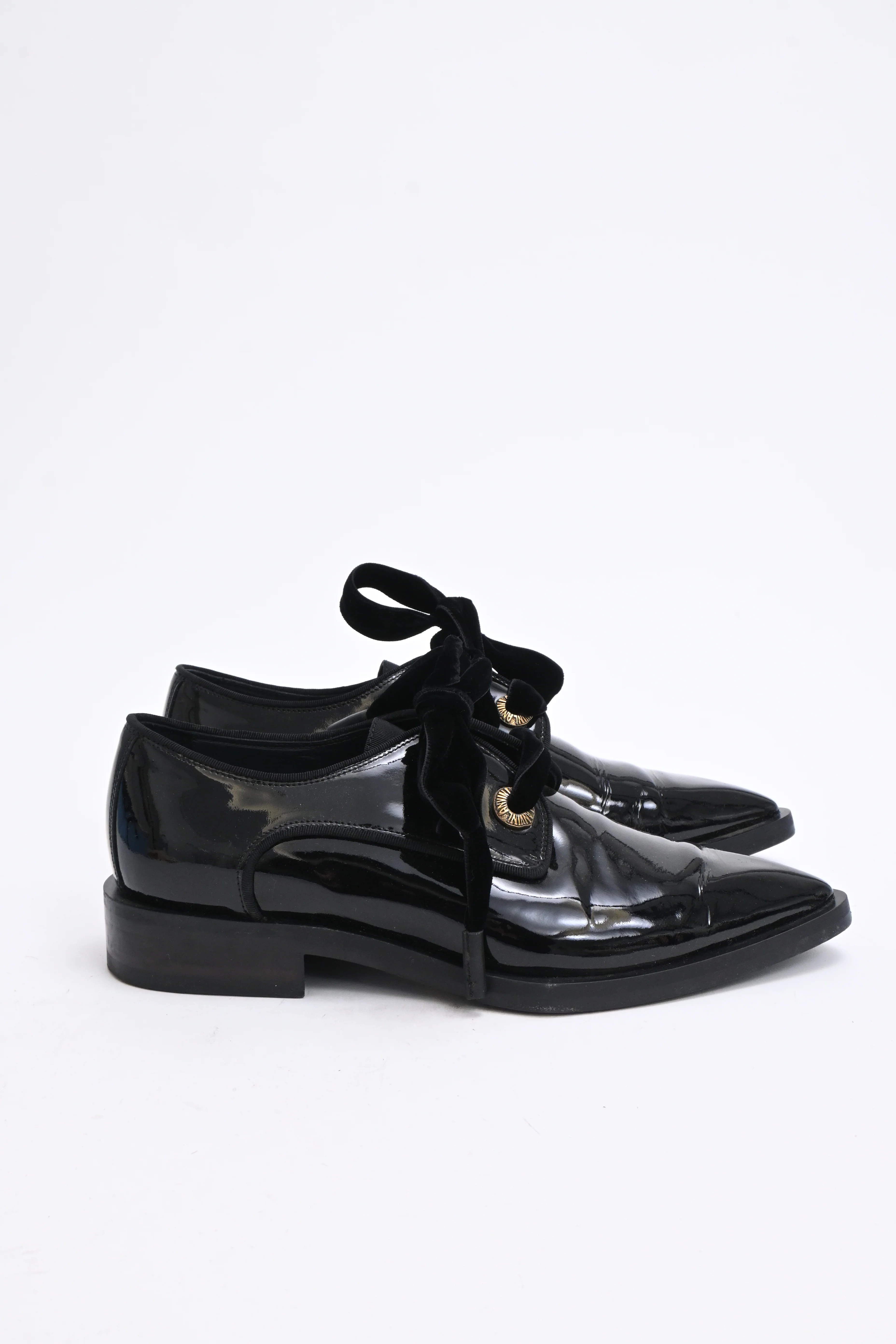 Women's Lanvin Pointed-Toe Lace-Up Derby Shoes in Black Patent Leather - Image 9