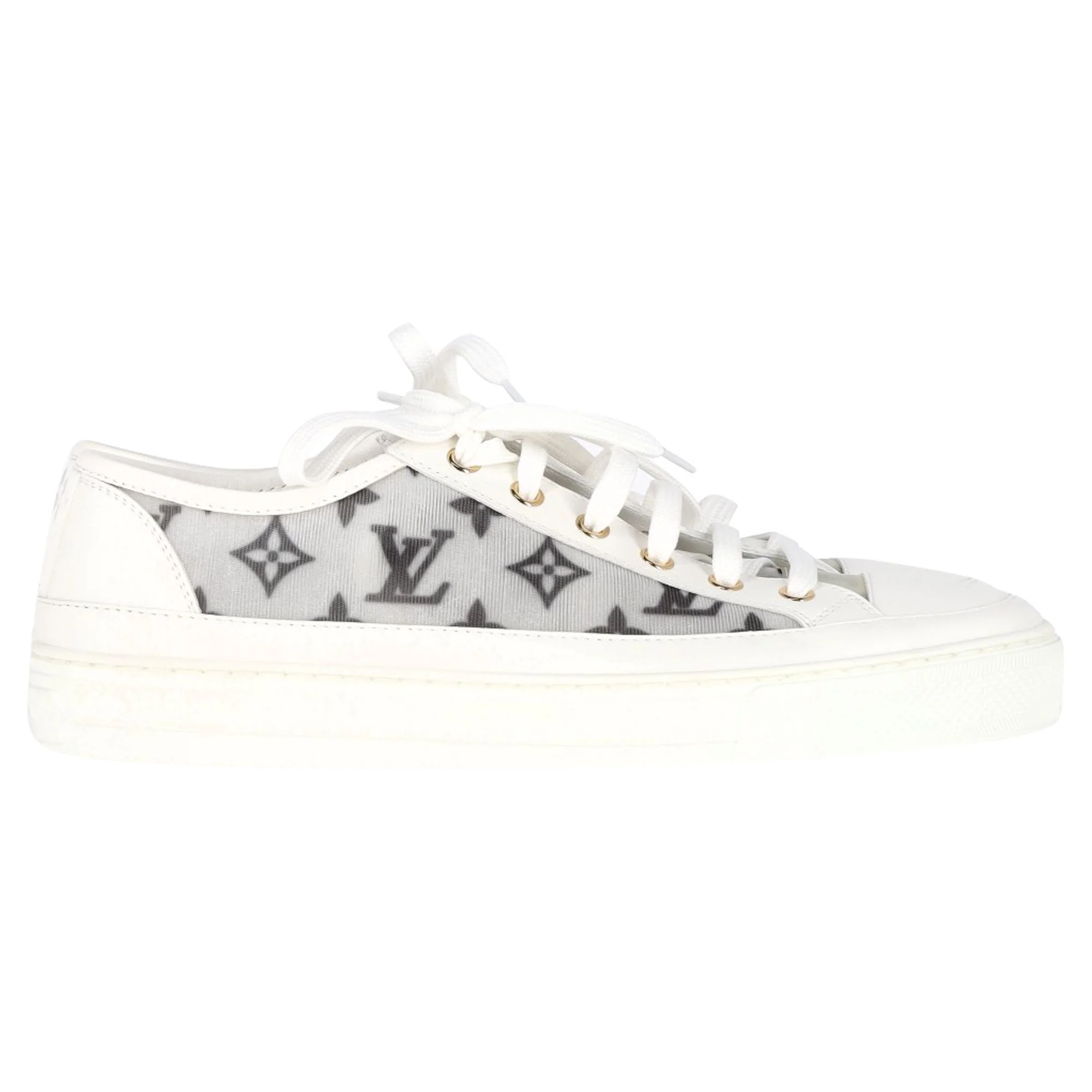 Women's Louis Vuitton Monogram Mesh Accent Low-Top Sneakers in White Leather