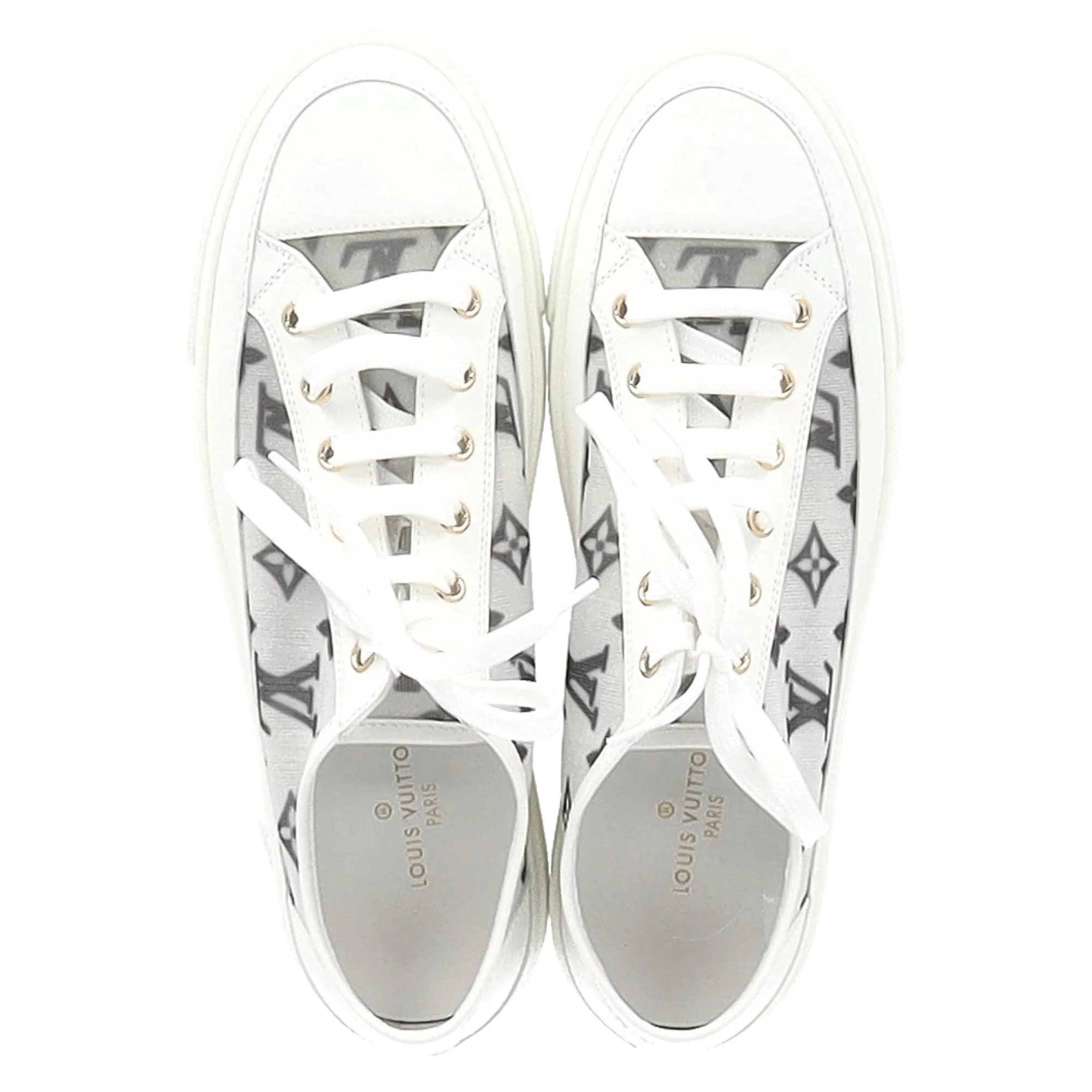 Women's Louis Vuitton Monogram Mesh Accent Low-Top Sneakers in White Leather - Image 4