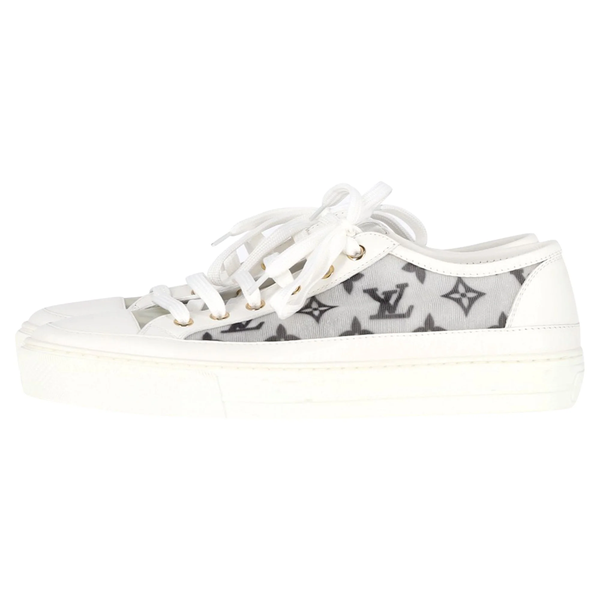 Women's Louis Vuitton Monogram Mesh Accent Low-Top Sneakers in White Leather - Image 6