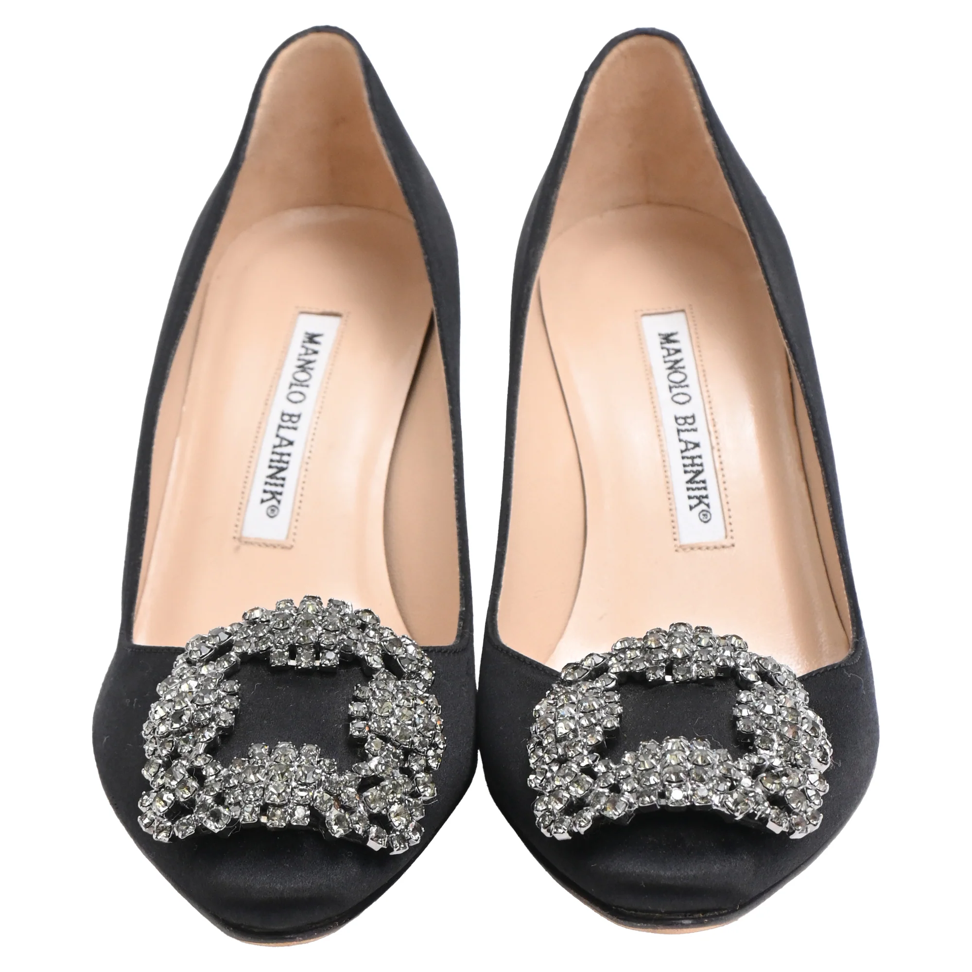 Women's Manolo Blahnik Hangisi 70 Embellished Pumps in Black Satin - Image 2
