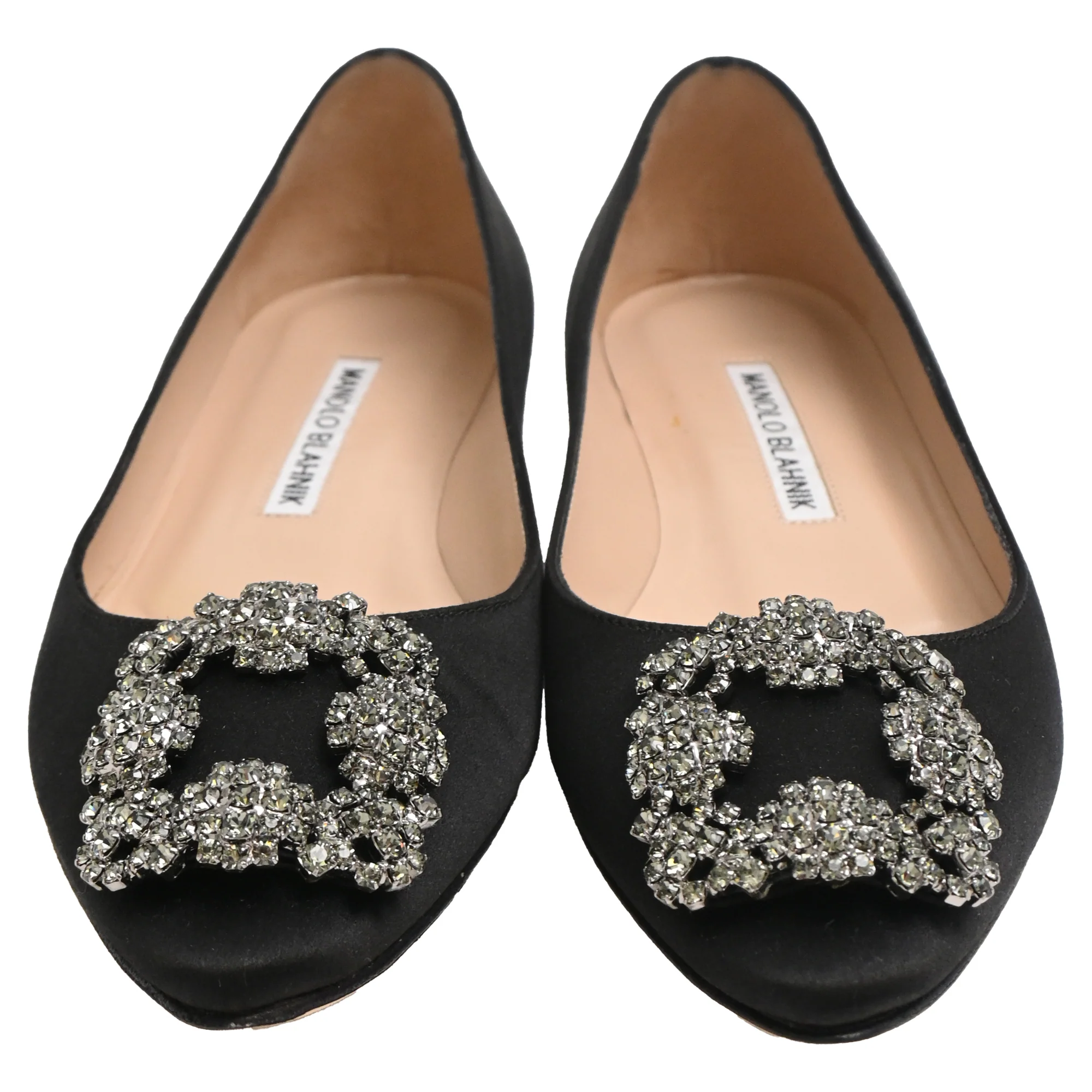 Women's Manolo Blahnik Hangisi Ballet Flats in Black Satin - Image 2