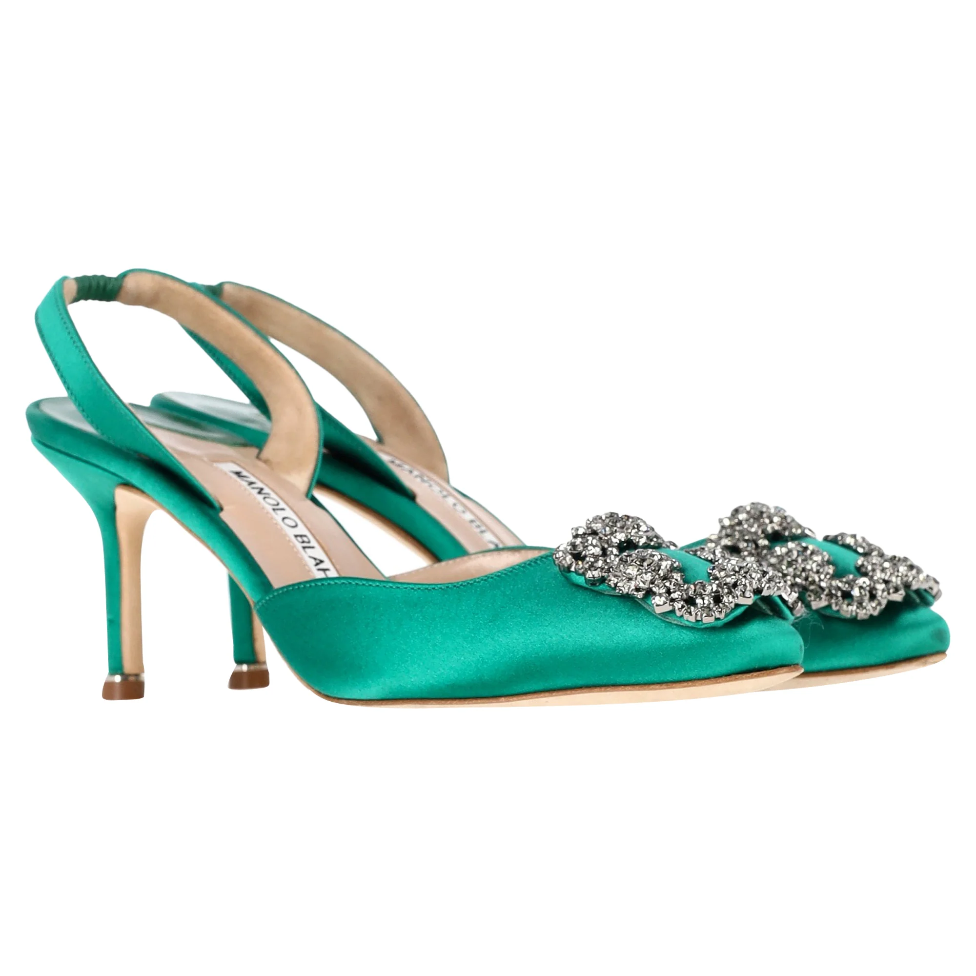 Women's Manolo Blahnik Hangisi70 Embellished Slingback Pumps in Green Satin - Image 4