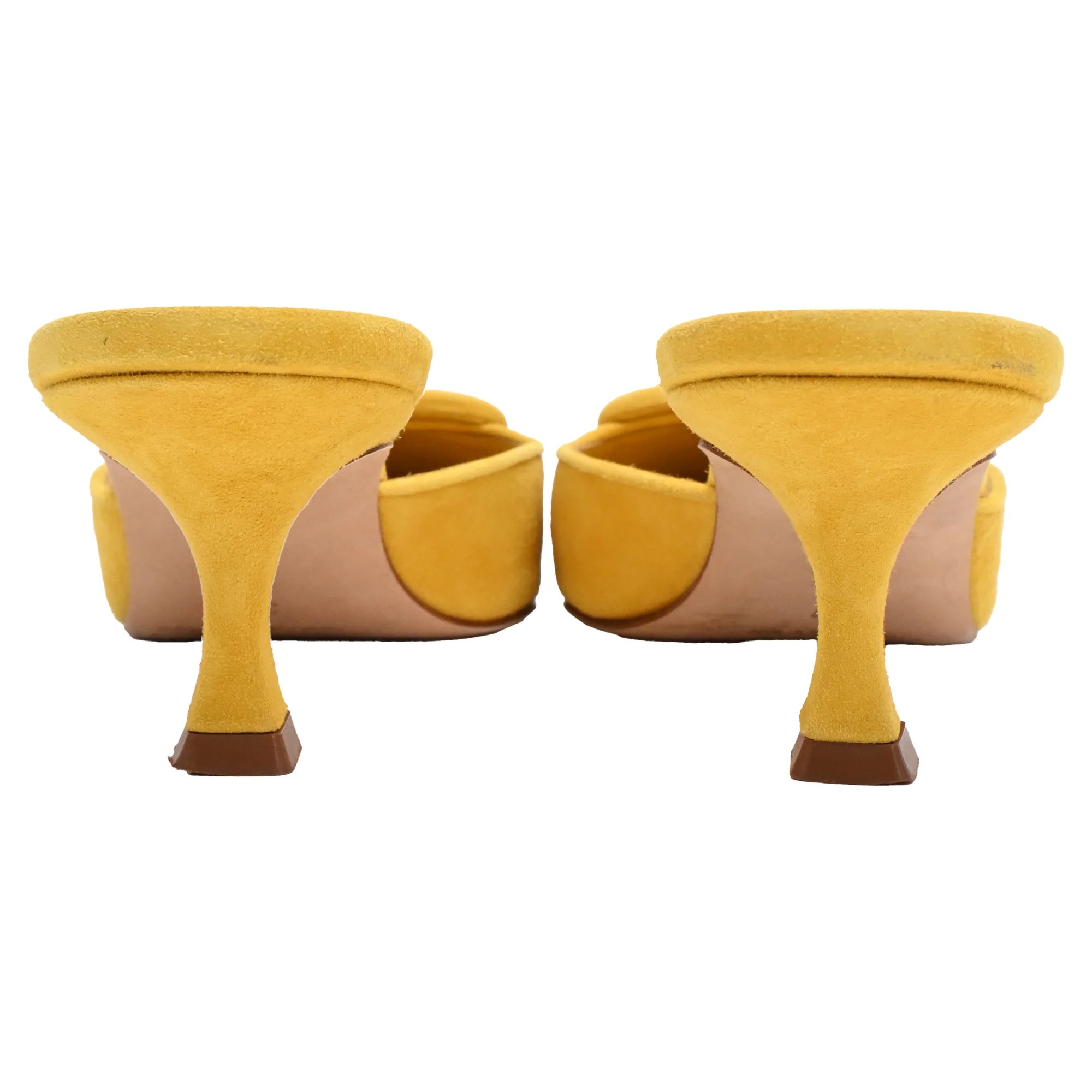 Women's Manolo Blahnik Maysale Heeled Mules in Yellow Calf Suede - Image 3