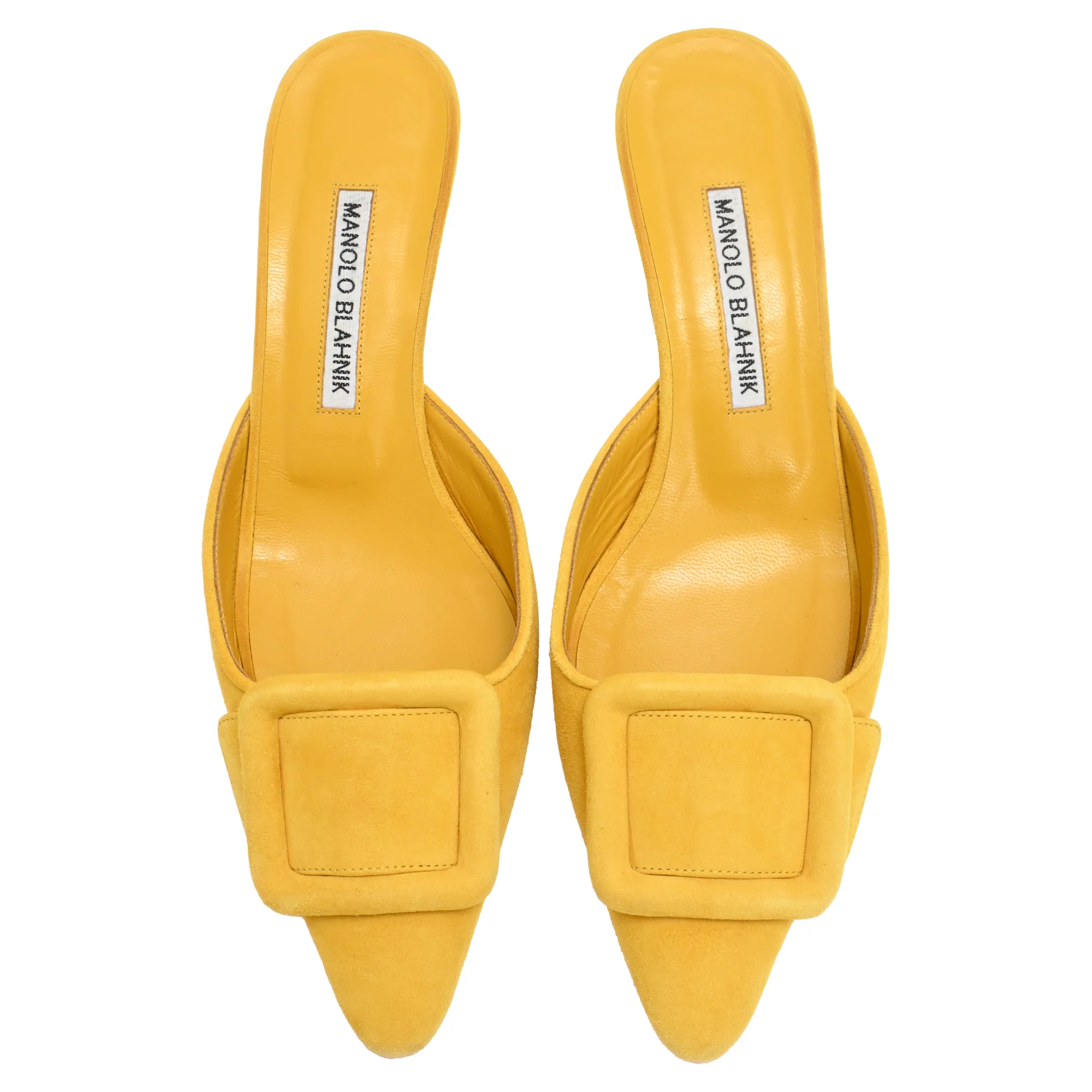 Women's Manolo Blahnik Maysale Heeled Mules in Yellow Calf Suede - Image 5