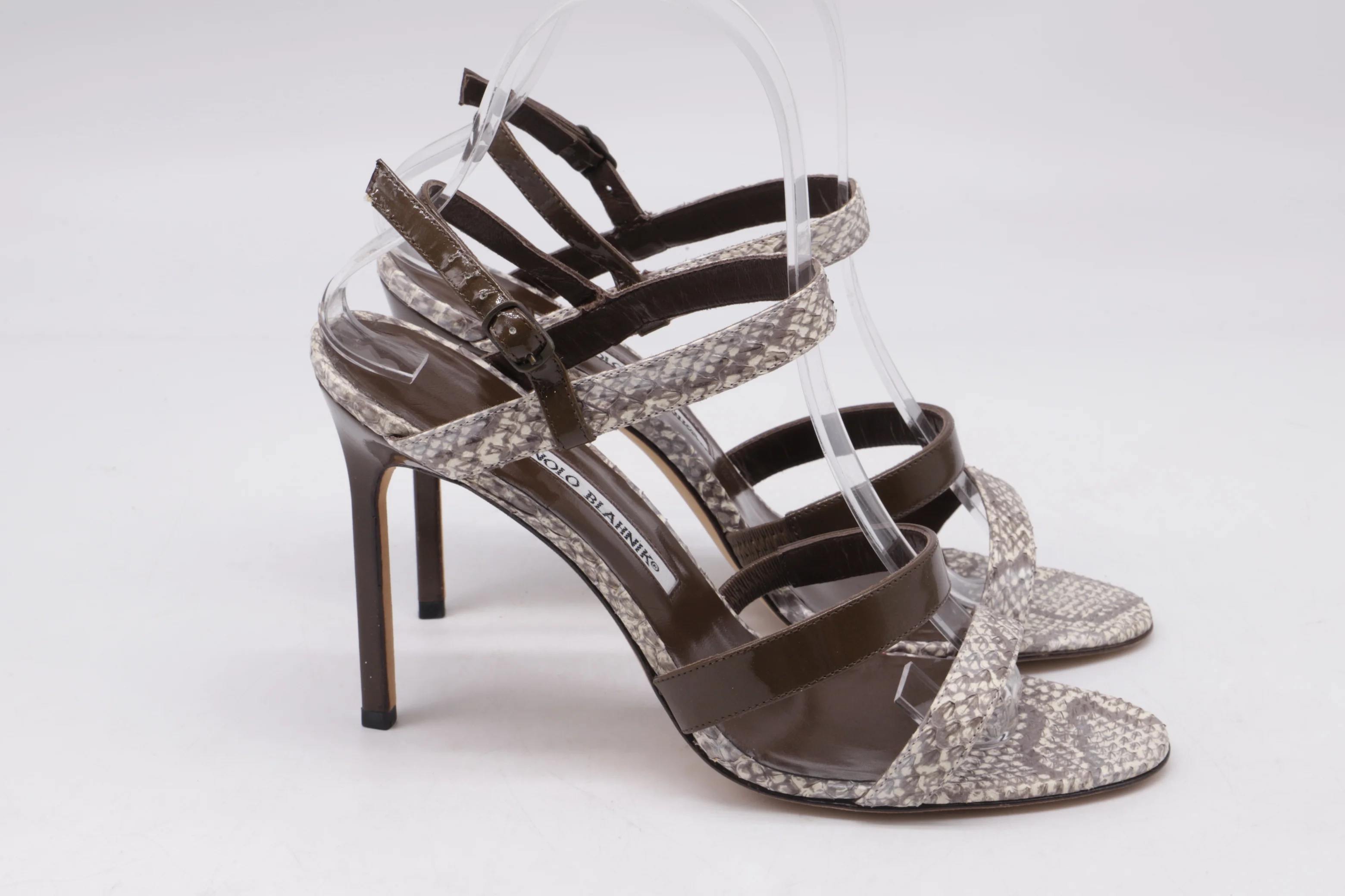 Women's Manolo Blahnik Villano Strappy Sandal Heels in Brown Snakeskin Leather - Image 10