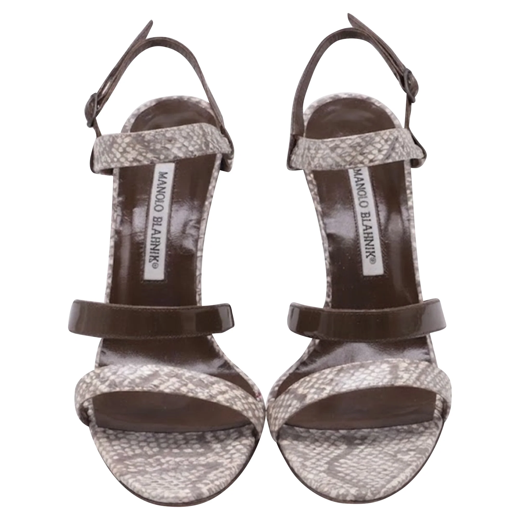 Women's Manolo Blahnik Villano Strappy Sandal Heels in Brown Snakeskin Leather - Image 2