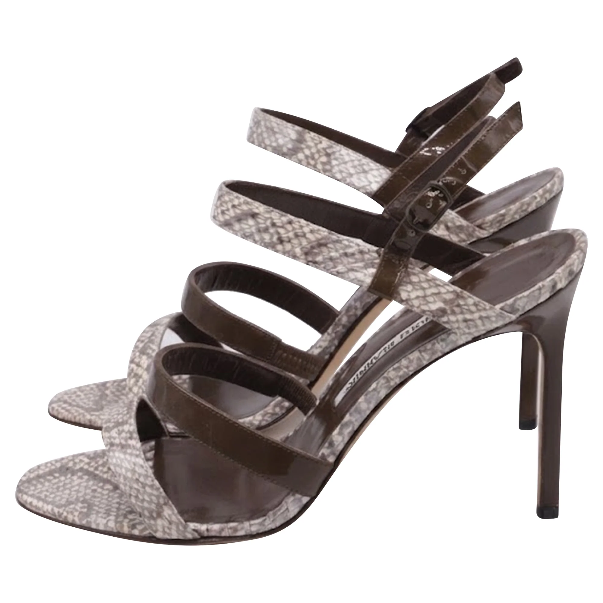 Women's Manolo Blahnik Villano Strappy Sandal Heels in Brown Snakeskin Leather - Image 5