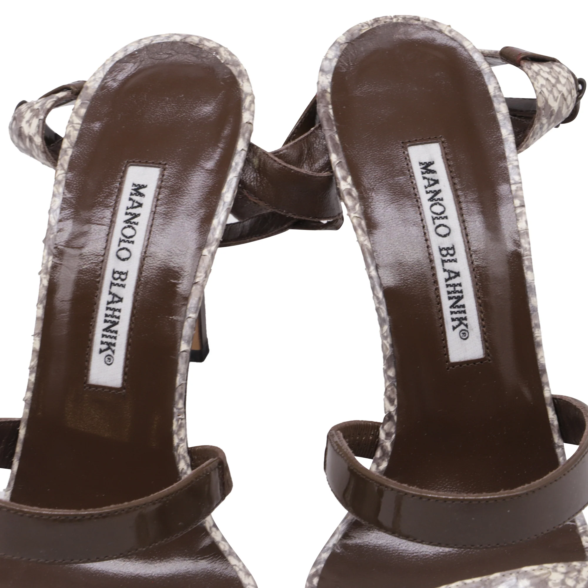 Women's Manolo Blahnik Villano Strappy Sandal Heels in Brown Snakeskin Leather - Image 6