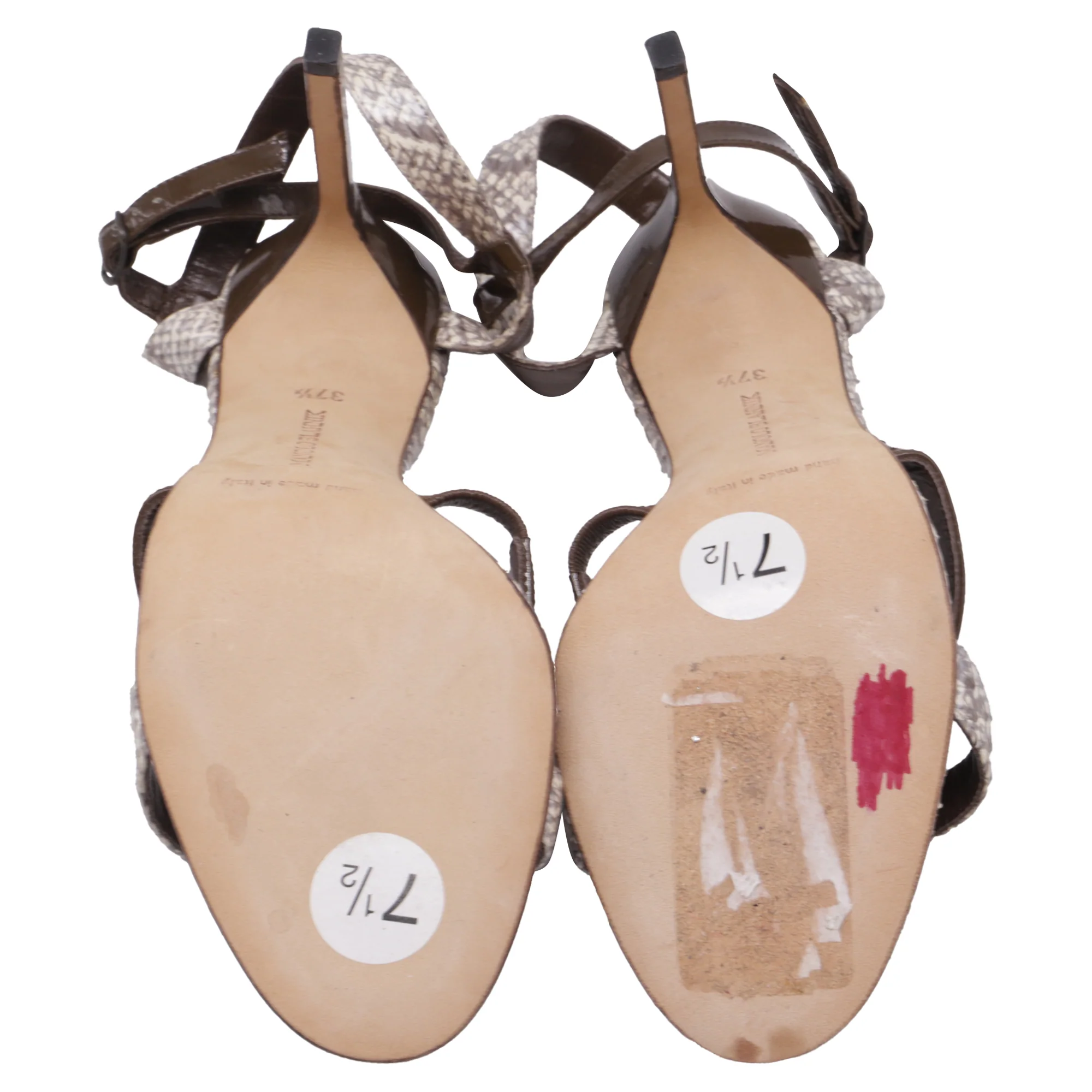 Women's Manolo Blahnik Villano Strappy Sandal Heels in Brown Snakeskin Leather - Image 7