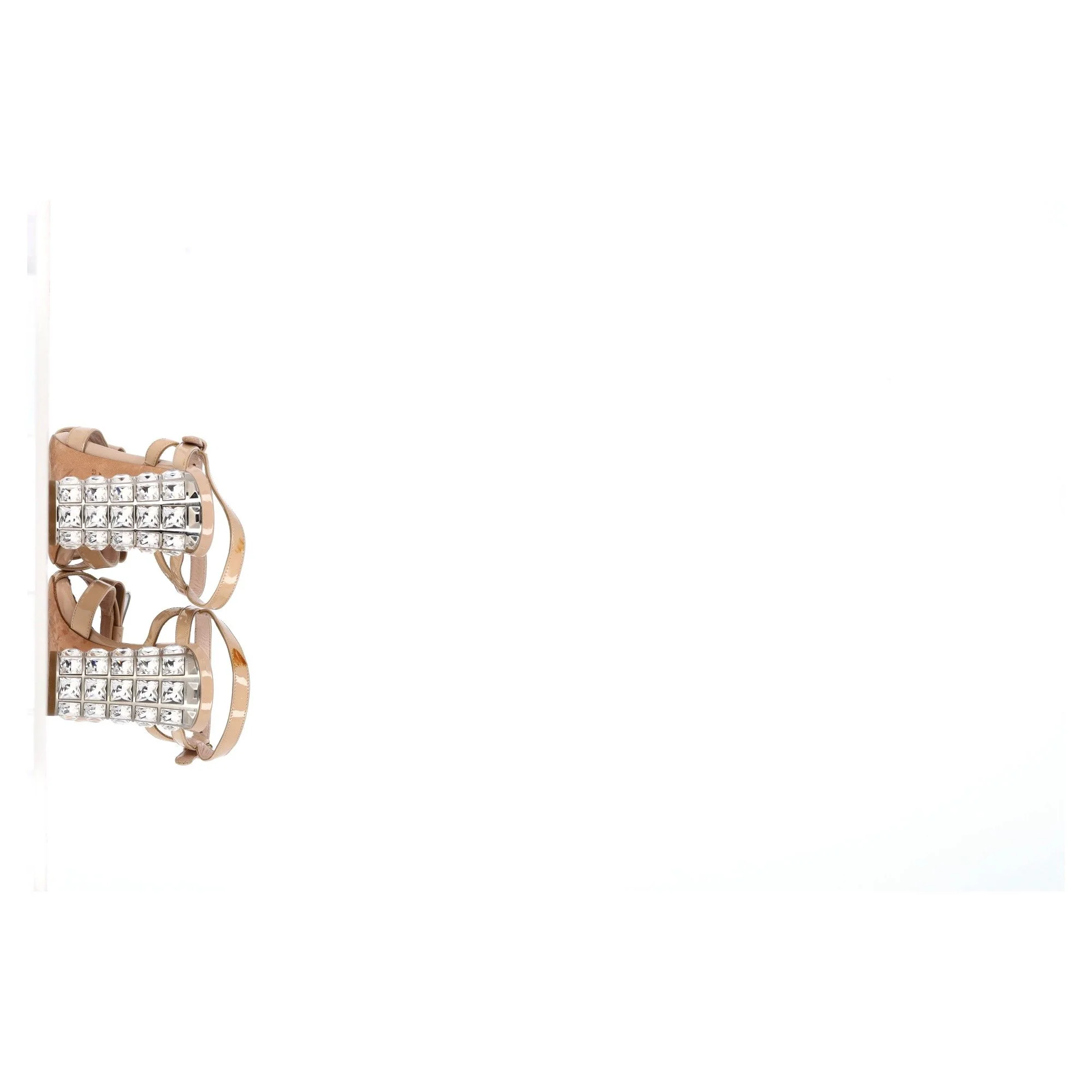 Women's Miu Miu Bow Detail Ankle Strap Crystal Heel Sandals in Nude Patent Leather - Image 5