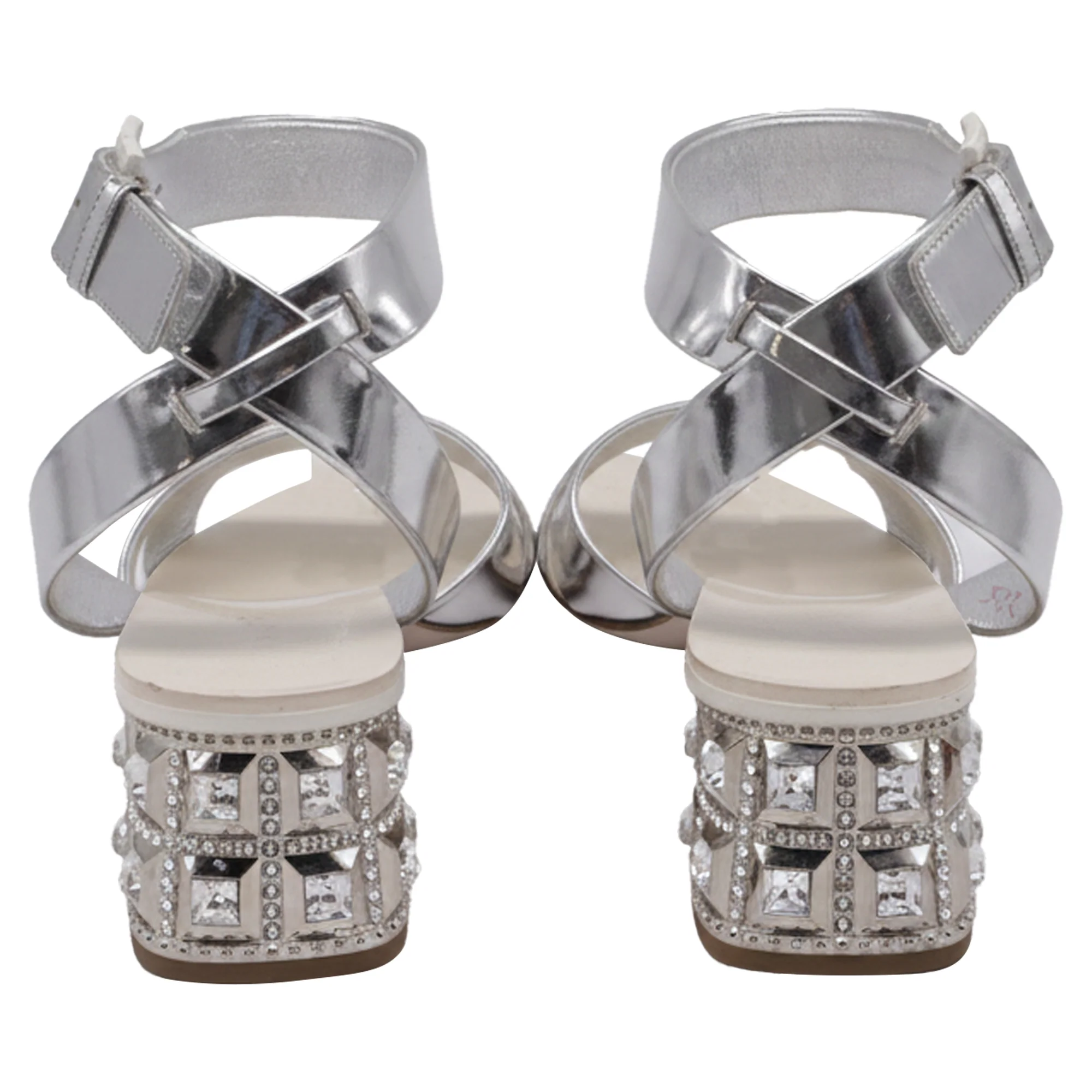 Women's Miu Miu Crysta- Embellish Sandal Heels in Silver Patent Leather - Image 4
