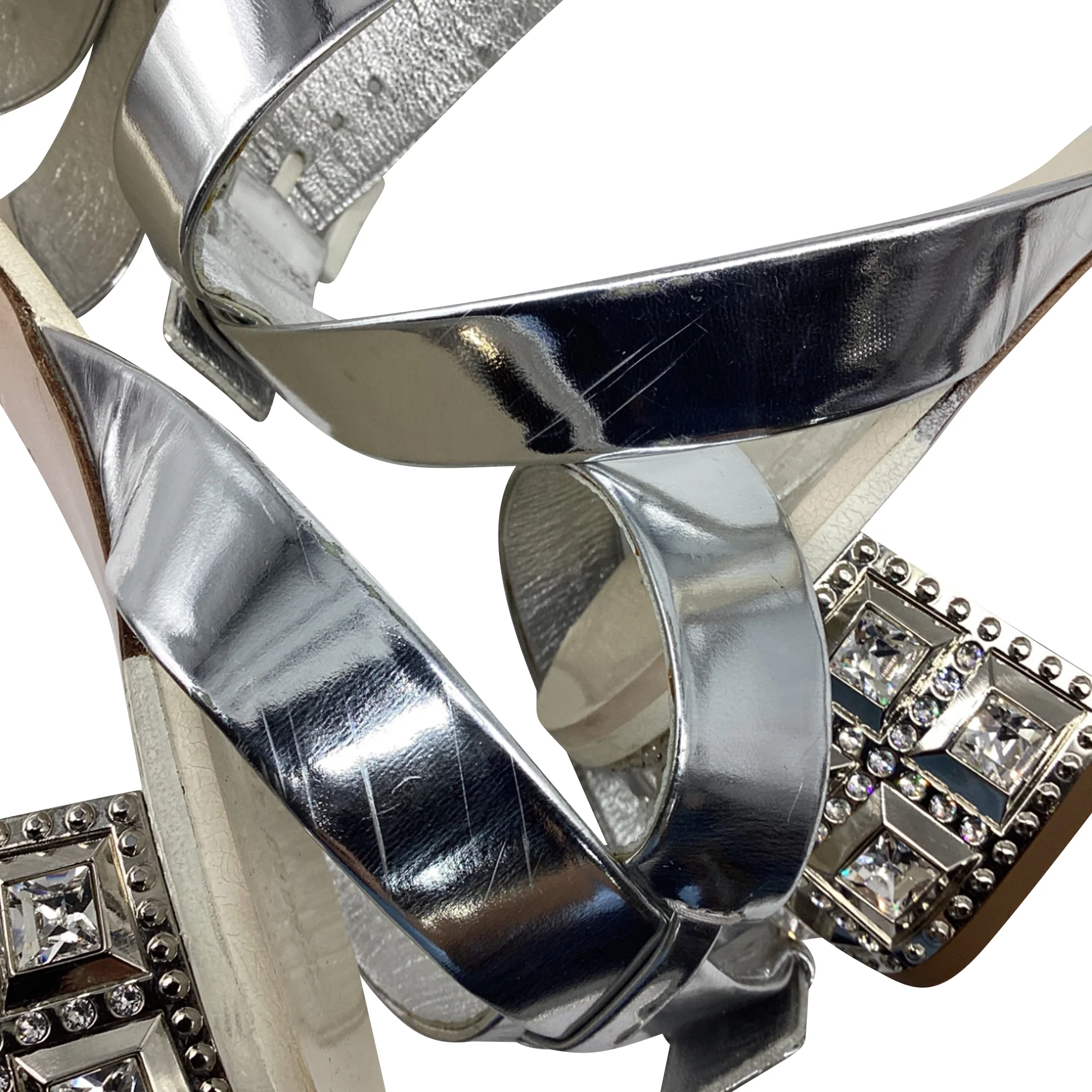 Women's Miu Miu Crysta- Embellish Sandal Heels in Silver Patent Leather - Image 8