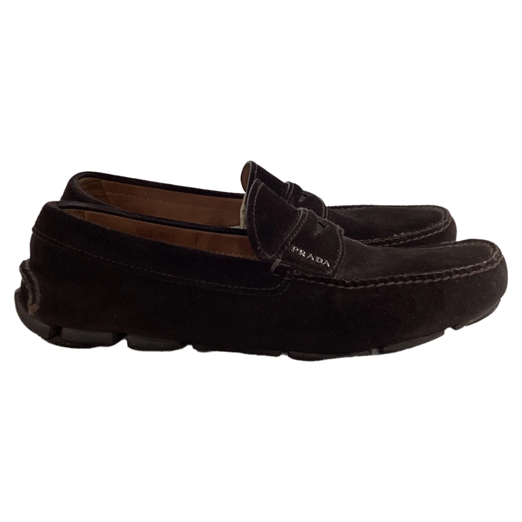 Men's Prada Logo Penny Driver Loafers in Brown Suede