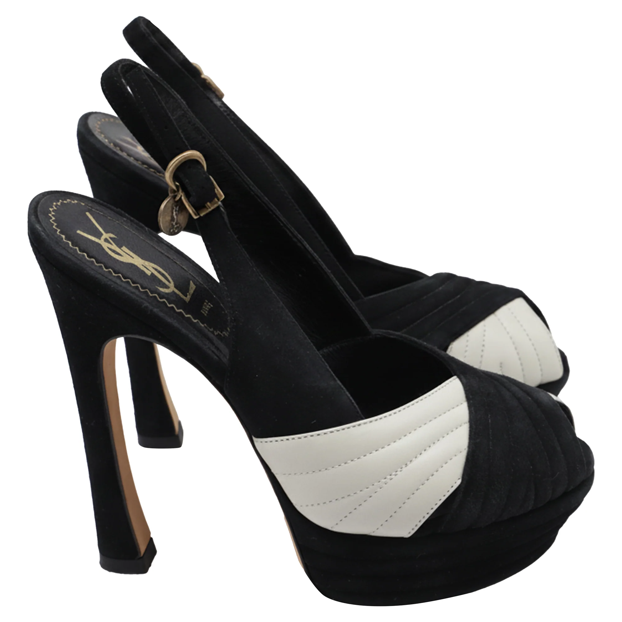 Women's Saint Laurent Cross Strap Peep-Toe Platform Pumps in Black Suede