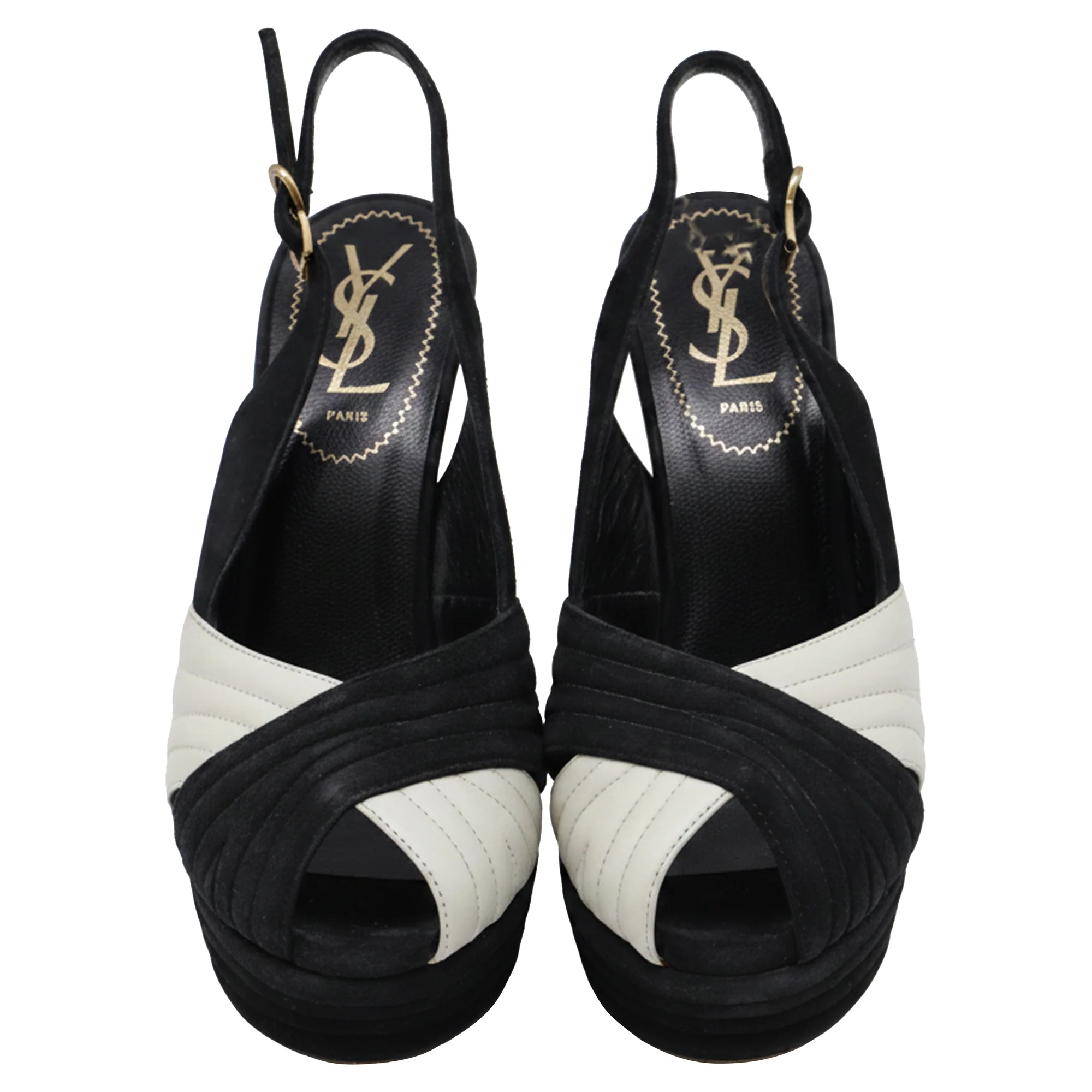 Women's Saint Laurent Cross Strap Peep-Toe Platform Pumps in Black Suede - Image 2